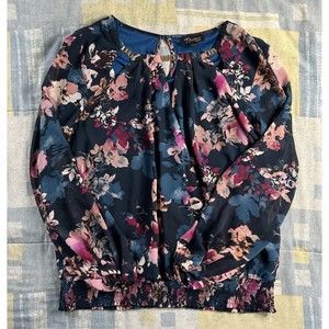 Thalia & Sodi Floral Neck Gold Link Long Sleeve Blouse Women's XL